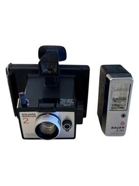 Vintage Polaroid Square Shooter 2 instant camera with Bauer E201 Ultrablitz